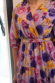 Lilac Floral Faux Wrap Midi Dress