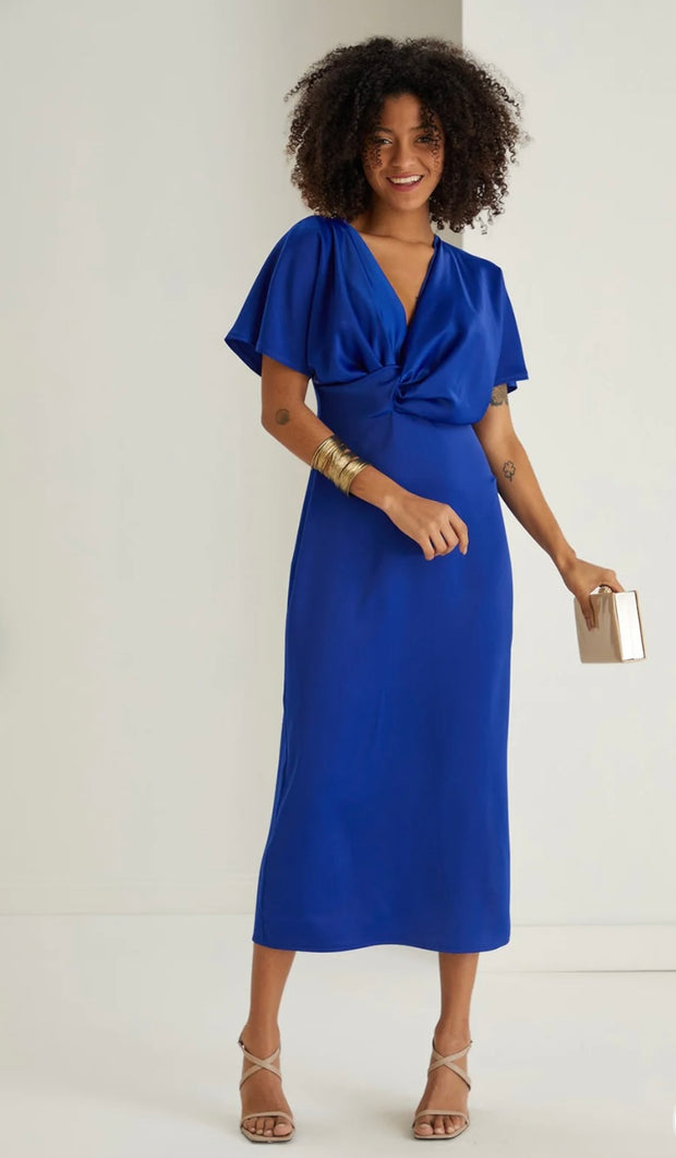 Royal Blue Satin Twist Midi Dress