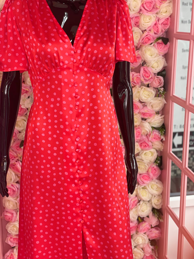 Red & Pink Polka Dot Button Down Short Sleeve Midi Dress