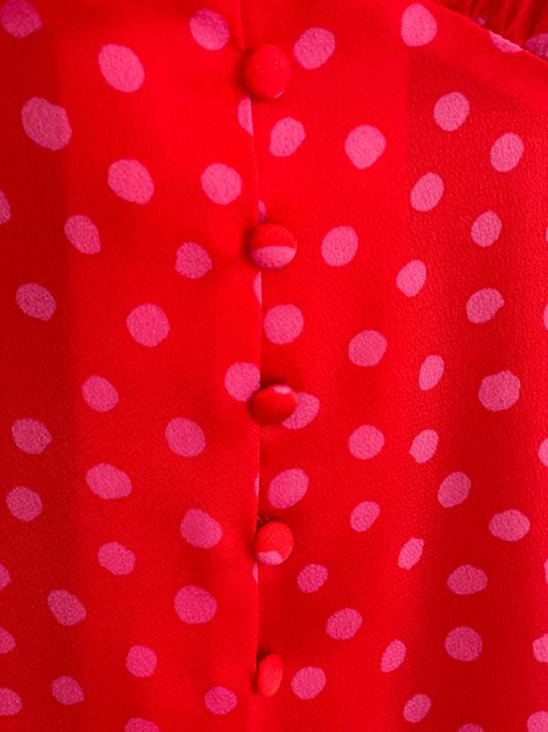 Red & Pink Polka Dot Button Down Short Sleeve Midi Dress