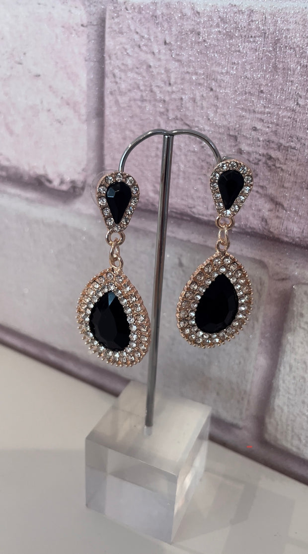 Ebony & Diamanté Gold Drop Earring