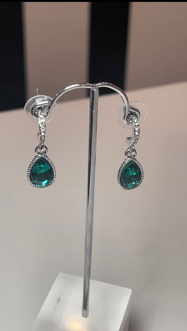 Emerald & Diamanté Silver Drop Earring