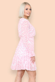 Pink Animal Print Long Sleeve Frill Hem Dress