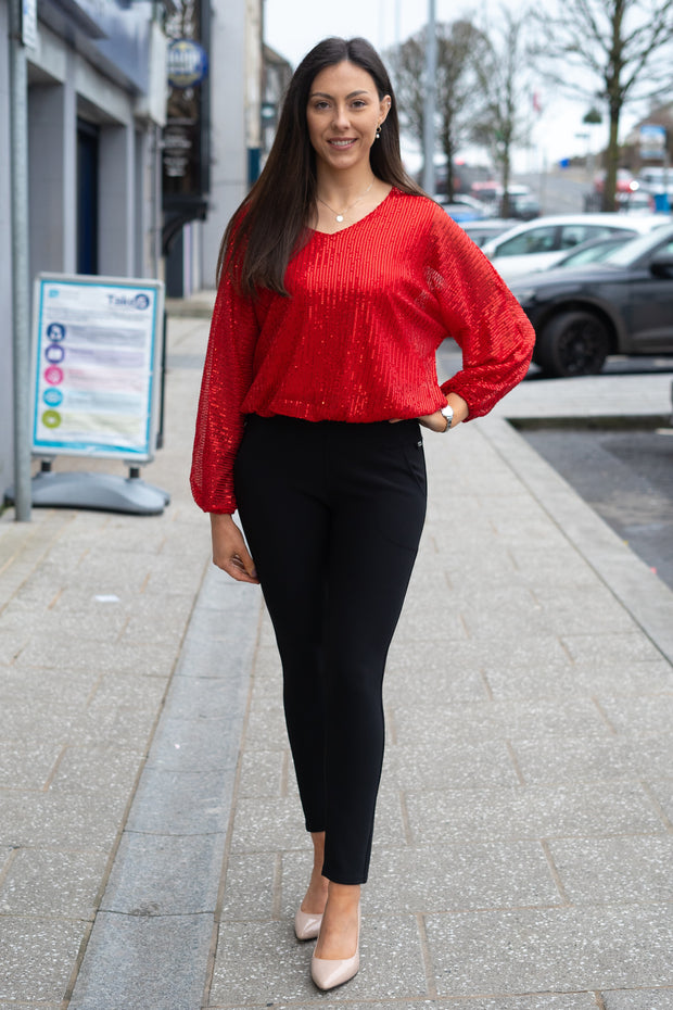 Red Sequin V Neck Long Sleeve Top