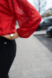 Red Sequin V Neck Long Sleeve Top