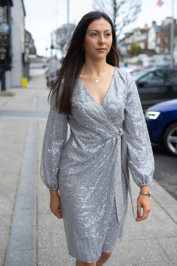 Silver Sequin Long Sleeve Midi Dress