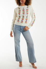 Embroidered Flower Cable Knit Sweater