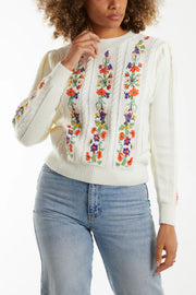 Embroidered Flower Cable Knit Sweater