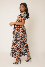 Polka Dot & Floral Print Split Hem Faux Wrap Midi Dress