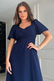 Navy Wrap Over Sweetheart Neck A Line Midi
